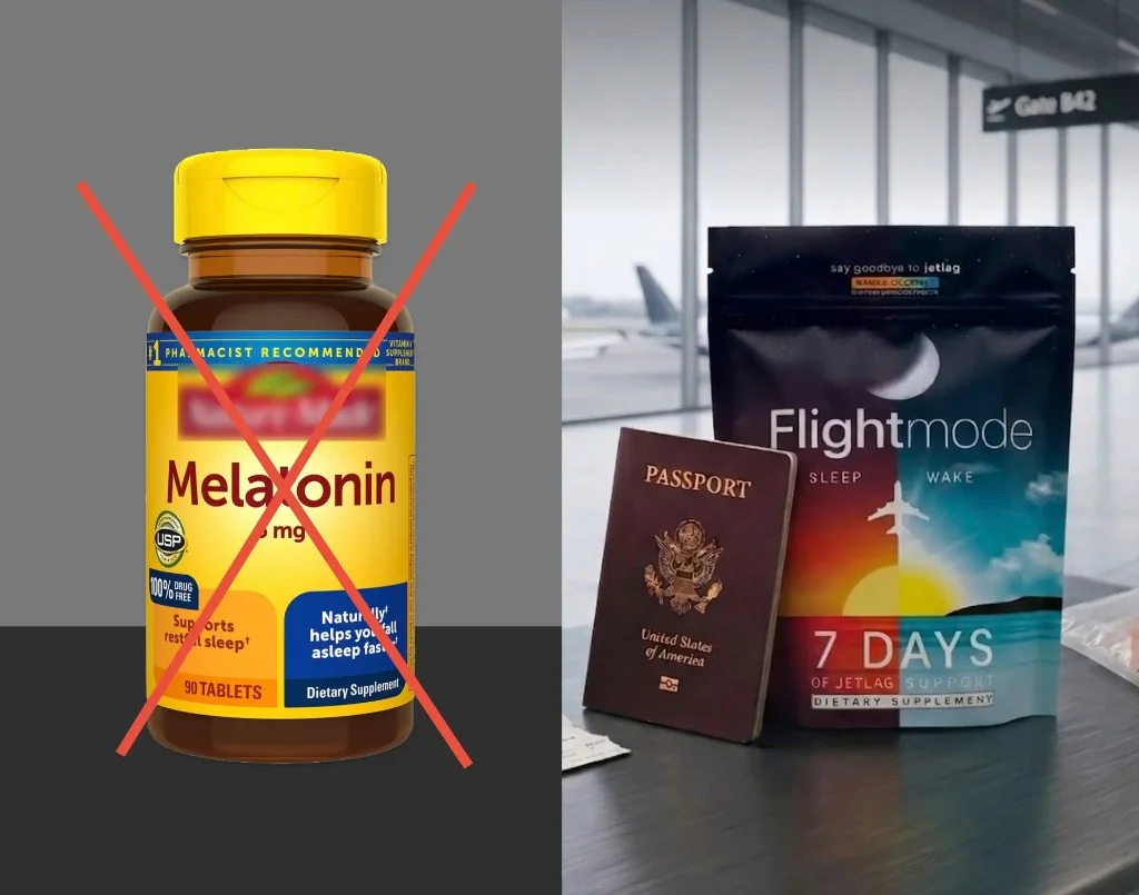 Melatonin bottle crossed out next to Flightmode at an airport gate